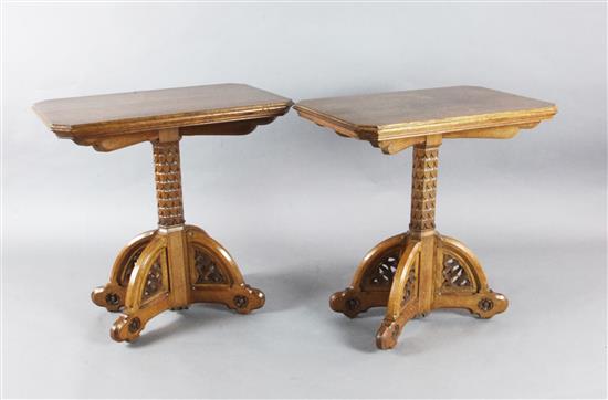 Attributed to A. W. N. Pugin (1812-52). A pair of mid 19th century Reformed Gothic oak pedestal tables, supplied by John Webb, probably
